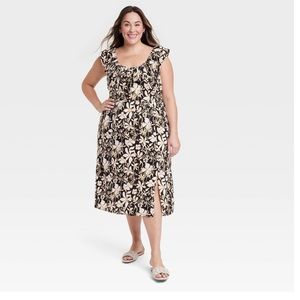 Women's Ruffle Maxi Empire Waist Dress - Ava & Viv™ Black Floral 1X
